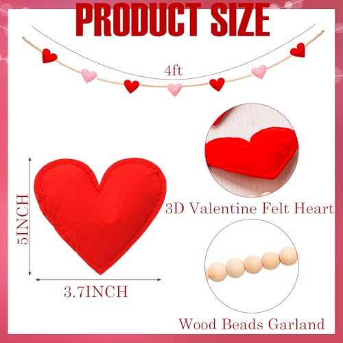 Image of Valentine's Day Garland, 3D Felt Valentine Heart Banner with Wooden Beads for Valentine's Day Decor Valentine Hanging Bunting Garland for Valentine's Day Home Mantel Wall Decor