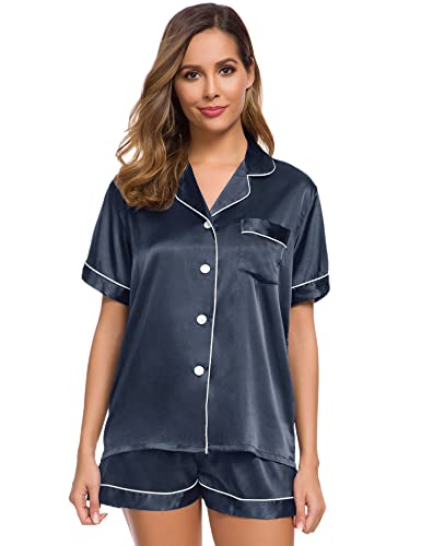 Image of SWOMOG Womens Silk Satin Pajamas Short Sleeve Sleepwear Button Down Loungewear Two-Piece Pj Set Deep Grey