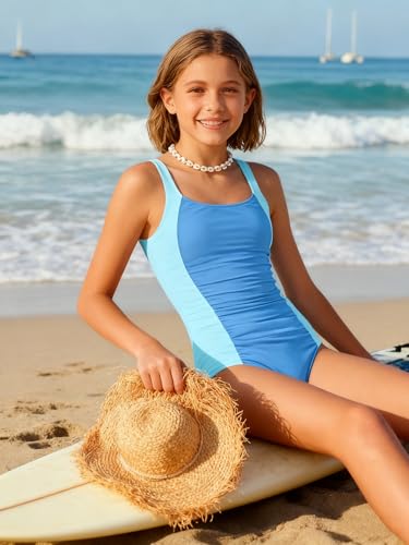 Image of Girl Swimsuit One Piece Bathing Suit for Girls Solid Color Ruched Adjustable Straps Padded Swimwear 9-18y
