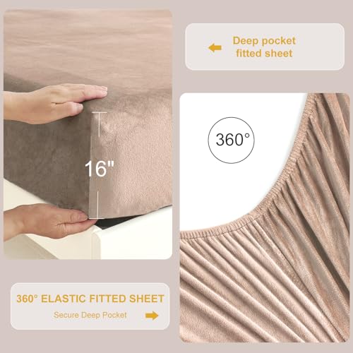 Image of Velvet Plush Flannel Sheet Set - Queen Size 4-Piece - Ruffled Edge Design, 16 Inch Deep Pocket, Anti-Pilling & Fade Resistant - 220 GSM Breathable Luxury All-Season Bedding, Khaki