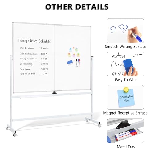 Image of Large Rolling Whiteboard on Wheels, 60 inch x 48 inch Double-Sided Mobile White Board with Stand, 5' x 4' Portable Standing Magnetic Dry Erase Board Easel for Home Office Classroom School, Silver