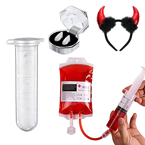 Kit de cosplay avec diable d'Halloween,1 paire de dentiers de vampire,1 bandeau en corne de diable,1 sac à boisson d'Halloween avec clip,seringue à boire pour cosplay de vampire Cover