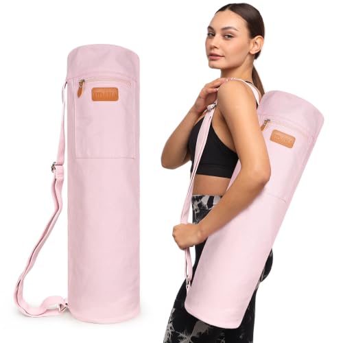 UDANA MEDIUM Yoga Mat Bag fits mats up to 1/4" (6mm) thick and 26.5" x 6" rolled diameter - Heavy Duty Canvas Carrier with Full Zip & 3 Pockets - Pink