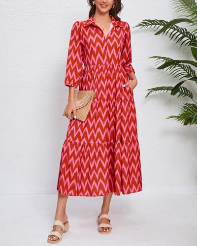 Image of YEXPINE Women Maxi Dresses 3 /4 Sleeve Button Down Print Ruffle Tired Casual Office Dress