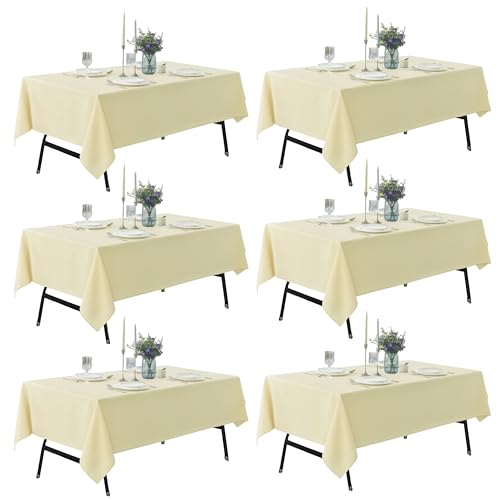 Image of 6-Pack 60x102 inch Beige Table Cloths, Solid Stain and Wrinkle Resistant Oblong Tablecloth, Premium Plain Weave Polyester Fabric Rectangle Table Linen Covers for Hotel, Wedding
