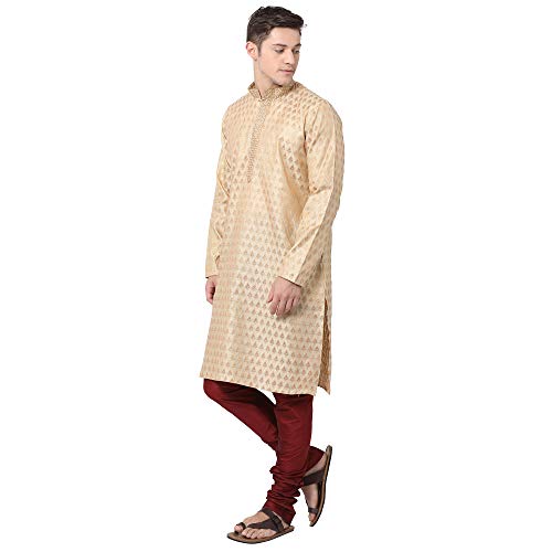 Image of TABARD Silk Blend Beige Full Sleeve Regular Fit Printed Kurta for Men