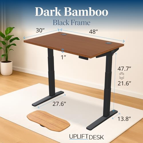 Image of UPLIFT DESK Dark Bamboo (48 x 30 inch) Standing Desk 2-Leg V3 Adjustable Stand Up C-Frame (Black), Advanced Keypad, Wire Grommets, Wire Tray, Rocker Board