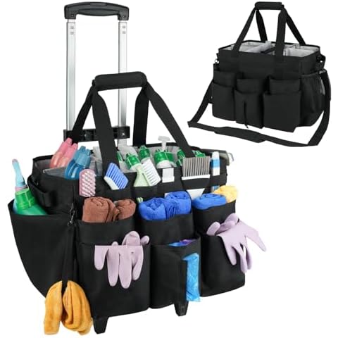 Large Rolling Cleaning Caddy Bag with Detachable Trolley,Cleaning Cart on Wheels with Shoulder Strap,Cleaning Supplies Organizer for Housekeepers,Black Cover