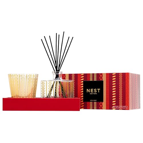 NEST New York Scented Classic Christmas Candle (8.1 oz) & Diffuser (5.9 fl oz) Set, Holiday - Reusable Glass Vessel - Vegan, Cruelty Free