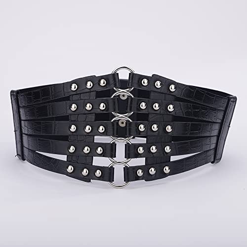 Wiwpar Punk Black Fashion Women's PU Leather Wide Waist Belt Hollow Out Rivets Stretch Cinch Waistband Sexy Women's Elastic Waist Belt for Halloween Costume Jewelry (Silver Black)4
