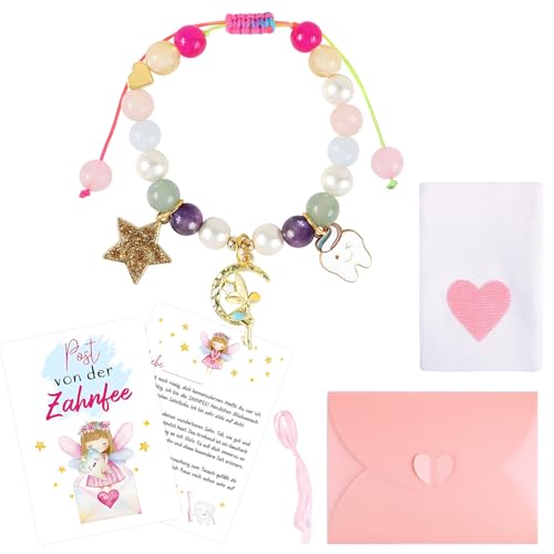 Regalo de hada de los dientes para niña con tarjeta postal de hada de los dientes y bolsa de almacenamiento, pulseras coloridas para niñas, pulsera de perlas de diente de leche, regalos para
