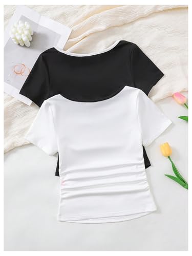 Girl's 2 Packs Bowknot Short Sleeve T Shirts Contrast Binding Ruched Scoop Neck Summer Tee Top2