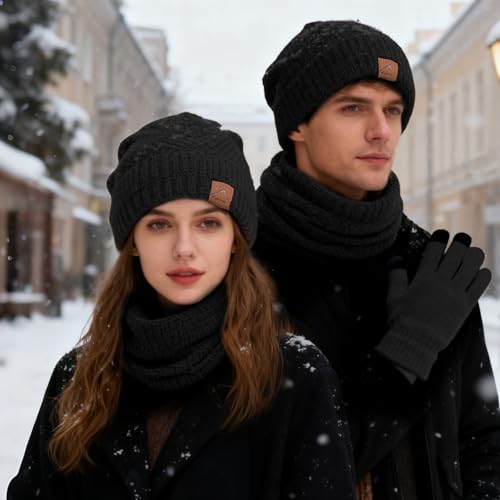 Tbintul Wintermütze, Schal und Touchscreen Handschuhe Set für Herren Damen, Fleecefutter Warme Knit Hut Loop Schal Rutschfeste Handschuhe, Elastische Mütze, für Herren & Damen (Schwarz)