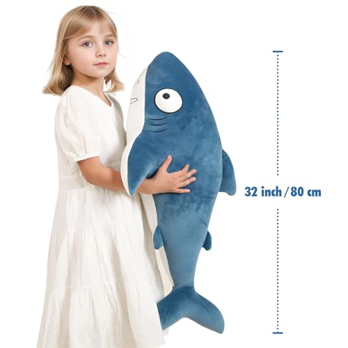 Image of 32 inch Blue Giant Sharks Plush,Large Whale Shark Stuffed Animals, Big Ocean Sea Fish Squishy Body Pillow Soft Plushies Toys, Gifts Kids Girls Boys, Birthday