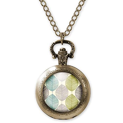 So Sweet - Montre à gousset, sautoir illustré, parure "Pluie de feuilles", bleu, gris, vert (ref.20).