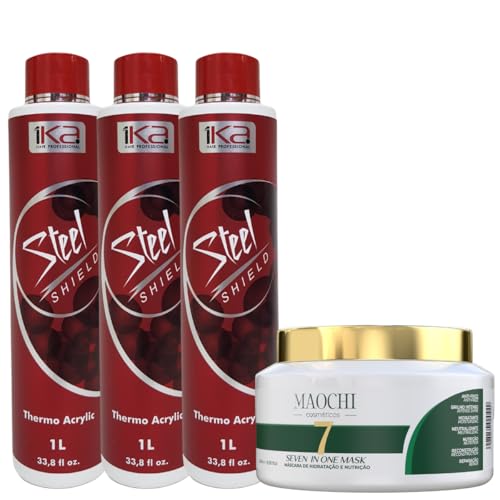Kit 3 Escova Progressiva 1ka Steel Shield Alisamento Capilar Orgânico 1L + Máscara Cronograma Capila