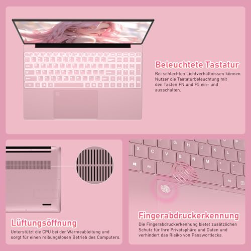 Pryloxen Laptop 15.6 Zoll, 32GB DDR4 1TB NVMe SSD, Quad-Core N150 (bis zu 3,60 GHz), with Fingerprint Unlock Notebook, Cooling Fan, Webcam, Dual Speakers, Mini HDMI, Student/Business Laptop - Rosa