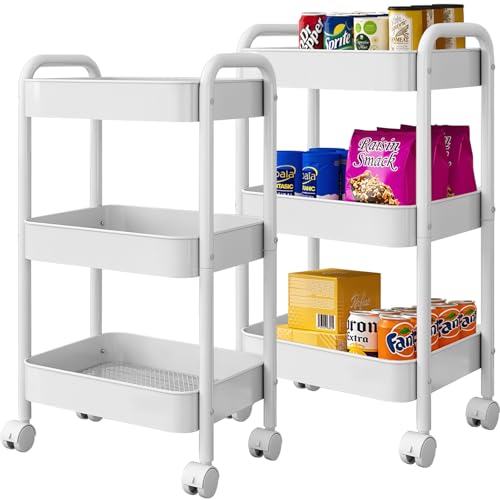Image of DKALIO 3 Tier Metal Rolling Cart, Heavy Duty Utility Storage Organizer with Lockable Wheels, Mobile Utility Cart for Livingroom, Bathroom, Kitchen, & Narrow Places, White