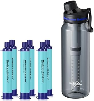 Membrane Solutions 36oz C3 ACF+UF Filtered Water Bottle with 6 Packs Outdoor Water Filter Straw