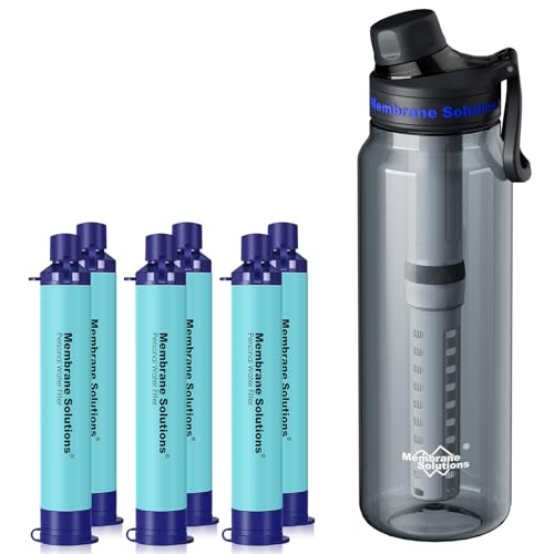 Membrane Solutions 36oz C3 ACF+UF Filtered Water Bottle with 6 Packs Outdoor Water Filter Straw