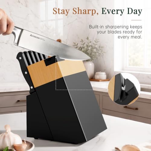 Image of Astercook Kitchen Knife Set Full Tang with Block and Sharpener Elegant