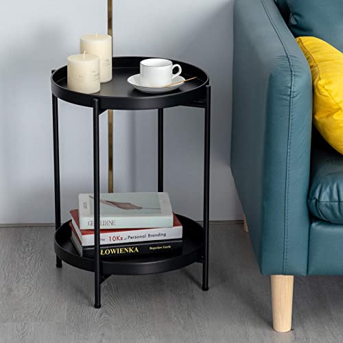 Sankell Black End Table, 2-Tier Metal Round Side Table With Removable Tray, Folding Small Accent Table/Nightstand, Anti-Rust Sofa Snack Table, Waterproof Coffee Table For Living Room Bedroom Office #TOP3