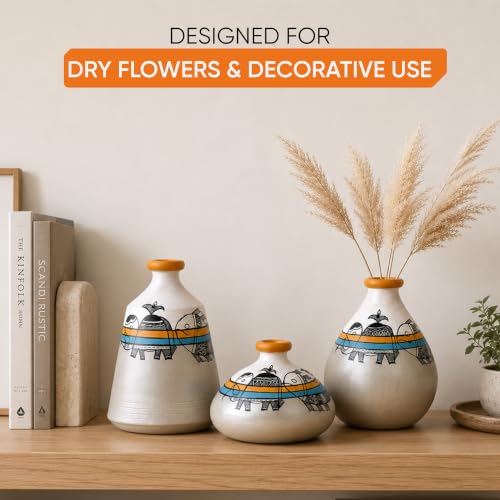 Image of Aakriti Art Creations Mystic Madhubani Vessel Set of 3 | Grey Terracotta Flower Vases | Matte Finish Decorative Vases for Living Room, Table Decor & Gifting