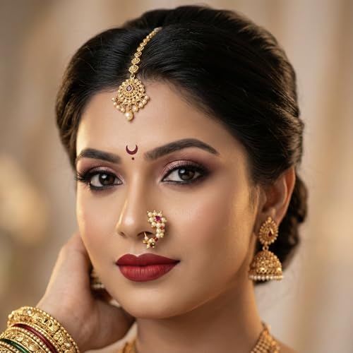 Image of Medium Size Traditional Maharashtrian Banu Nath Nose Stud without piercing Pearl Gold Plated Nath Combo Clip On Nose Ring For Women