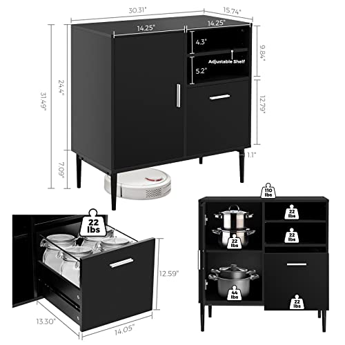 Vrullu Modern Storage Cabinet, Free Standing Buffet Cabinet With Raised Drawer, Black Sideboard And Buffet Storage, Wood Accent Cabinet For Kitchen, Dining Room, Home Office, Hallway, Entryway #TOP1