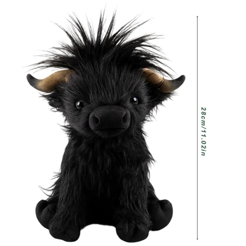 JazRvr Hochlandrind Kuscheltier, Schottisches Highland Cow Plüschtier, Kuscheltier Kuh Für Kinder, 28 cm Schwarzes Kuscheltier, Stressabbau