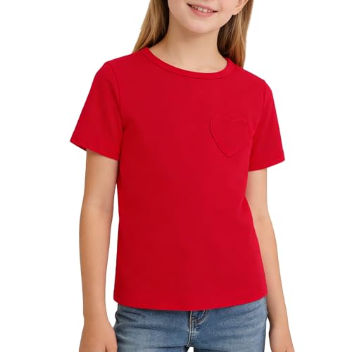 El Mejor Listado de Playera Roja Niño favoritos de las personas. 45 ZFZDRen 1-14 años - Blusa de manga corta de color sólido, con bolsillo en el corazón, playera casual de algodón, Rojo, 5-6 Años