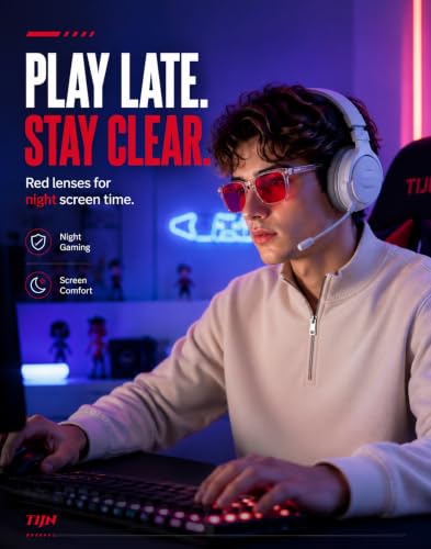 Image of TIJN Sleep Glasses with Blue Green Light Blocking, Red Light Lens for Computer Gaming, Screen Fatigue & UV Protection