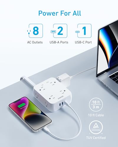 Anker Surge Protector Flat Plug Power Strip 2000J, 10ft Thin Extension Cord, 8 Outlets,2 USB A and 1 USB C Port,20W for iPhone15,Wall Mount,Compact for Home,Office,Room,TUV Listed