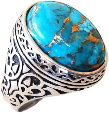 925 Sterling Silver Turquoise Ring Fashion Vintage Totem Ring Boho Style Ring for Women and Men Halloween Party Daily Gift