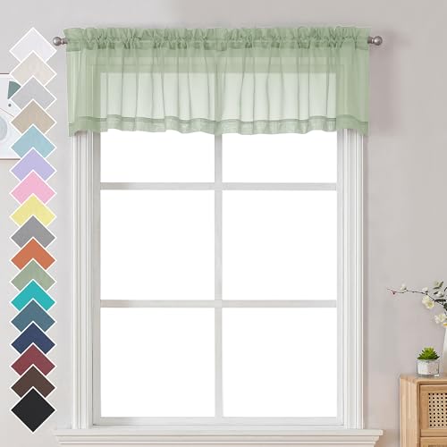 Image of Chyhomenyc Light Green Sheer Valances for Windows 2 Pack, Small Window Curtains for Living Room Bathroom Cafe Laundry Basement, Modern Top Dual Rod Pocket Voile Curtain, 42W x 14L inches