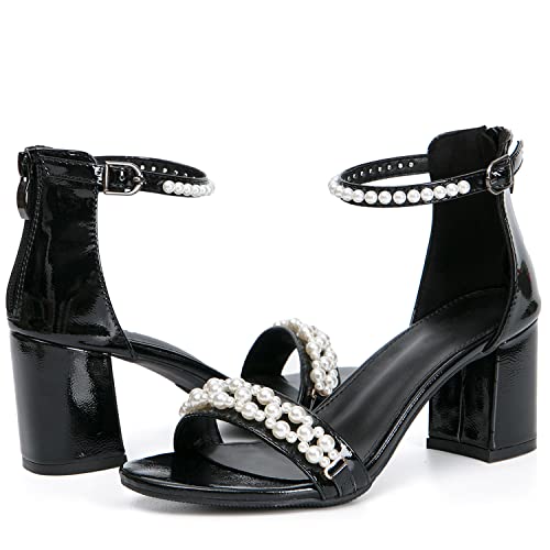 Image of Women's Heels Sandals for Women Open Toe Fashion Pearls Platform Heeled Sandals Ankle Strap Block Chunky Low Heel Pump Sandal Party Wedding Dress Shoe