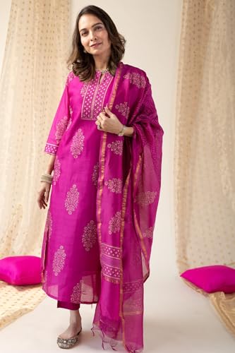 Image of GoSriKi Women's Rayon Viscose Straight Printed Kurta with Pant & Dupatta