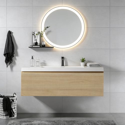 Image of 36'' Floating Bathroom Vanity with Sink, Wall-Mounted Bathroom Storage Cabinet with Soft-Close Striped Drawer & Solid Surface Basin, Modern Natural Oak Body with Internal Handle, Wood