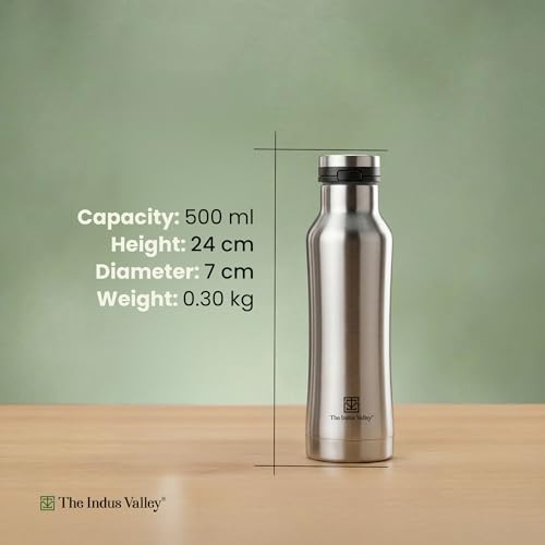 Image of The Indus Valley 500 ml Stainless Steel Vacuum Insulated Water Bottle with Pressy Flip Lid - Double Wall, Keeps Drinks Hot & Cold, Leak-Proof, Rust-Proof for School, Office & Gym