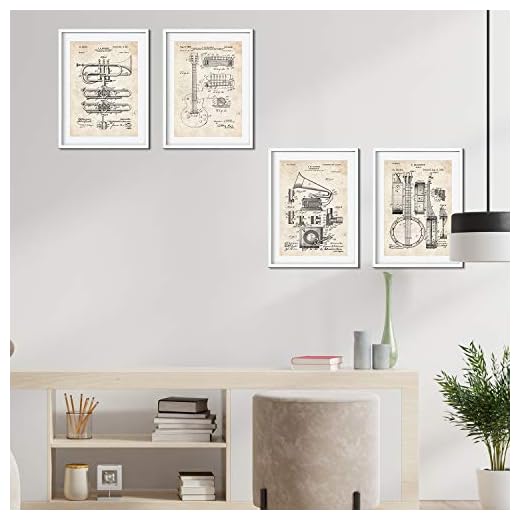 Nacnic- Pack 4 Láminas con Patentes de Música. Set de Posters con Inventos Antiguos. Guitarra, Trompeta, Tocadiscos y Banjo. Decoración Mural Vintage