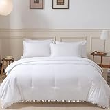 SLEEPBELLA White Queen Comforter Set 5pcs Ball Pom Fringe Design, Lightweight and Fluffy Bedding Com