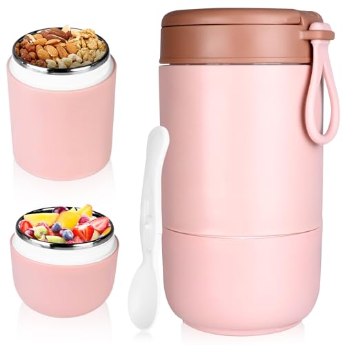 JOLIGAEA Taza Termo de 800ML para Cereales y Yogurt, Doble Capa con Cuchara, Termo de Comida Caliente, Acero Inoxidable para Escuela, Oficina, Viajes, Rosa