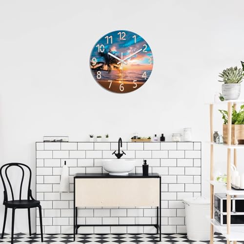 Image of XFM Beach Wall Clocks Battery Operated 12 Inch Sunset Nautical | Palm Tree Round Glass Silent Analog Coastal Wall Clocks for Bedroom Living Room Office Kitchen Decor Non Ticking
