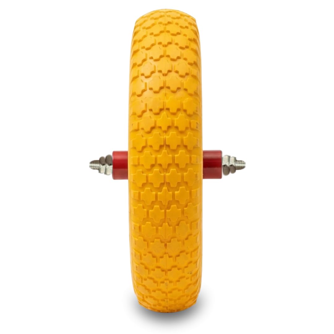 2 ruedas para carretilla 3.50-8, neumáticos amarillos antipinchazos, goma maciza antipanne con llanta roja de acero y rodamientos, ruedas para carros, carretillas con tacos