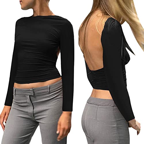 Haut Dos Nu Femme À Manches Longues- Top Femme Sexy-Tee-Shirt Femme Court Ajusté Couleur Unie T-Shirt Cut-Out Slim Fit Loisirs à Col Rond Tunique Serré de...