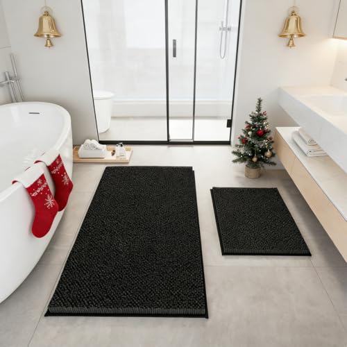 RUN HELIX Bathroom Rugs Set 2 Piece Thick Chenille Bath Mats, Soft Quick Dry Plush Absorbent Bath Rugs with Non-Slip PVC Backing, 32x20+24x16 Inch Black by RUN HELIX - Image 8