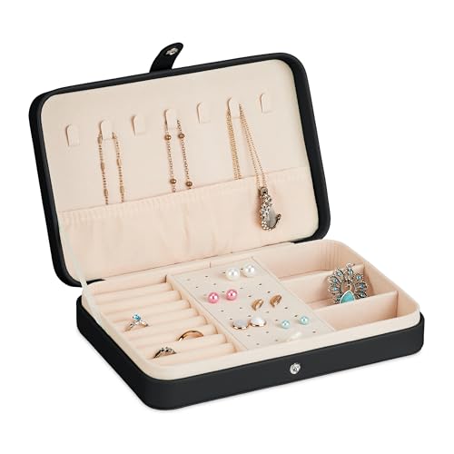 Relaxdays Schmuckkästchen, Schmuckaufbewahrung, Ringe, Ohrringe & Ketten, Reise Schmucketui, HBT 4,5x21x14,5 cm, schwarz