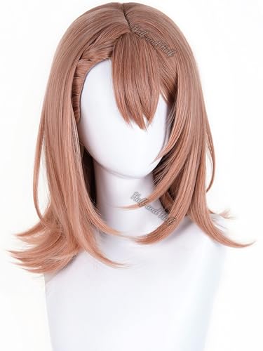 Image of Half and Half Orange Pink Anime Wig for Hanasato Minori Cosplay Shoulder Lenth Deep Rose Blonde Game Wig with Side Part Bangs for Women Halloween Party Daily