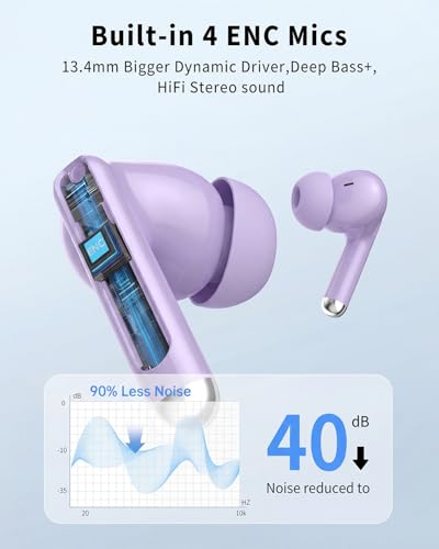 Image of Wireless Earbuds, Bluetooth 5.4 Headphones with 50H Playback, Deep Bass Stereo Ear Buds Clear Calls with LED Power Display, IPX7 Waterproof, in-Ear Earphones with Mic for Phone /Android /iPad, Purple
