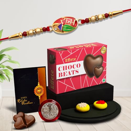 Image of Oblivion (K1 132 CB32) Multicolor Rakhi with Effete Chocolate Beats 32gm, Silver Color Pooja Coin, Roli Chawal & Greeting Card| Rakhi for brother with gift | handmade rakhi |rakhi combo for brother | stylish rakhi for brother | set of 1 Rakhi |